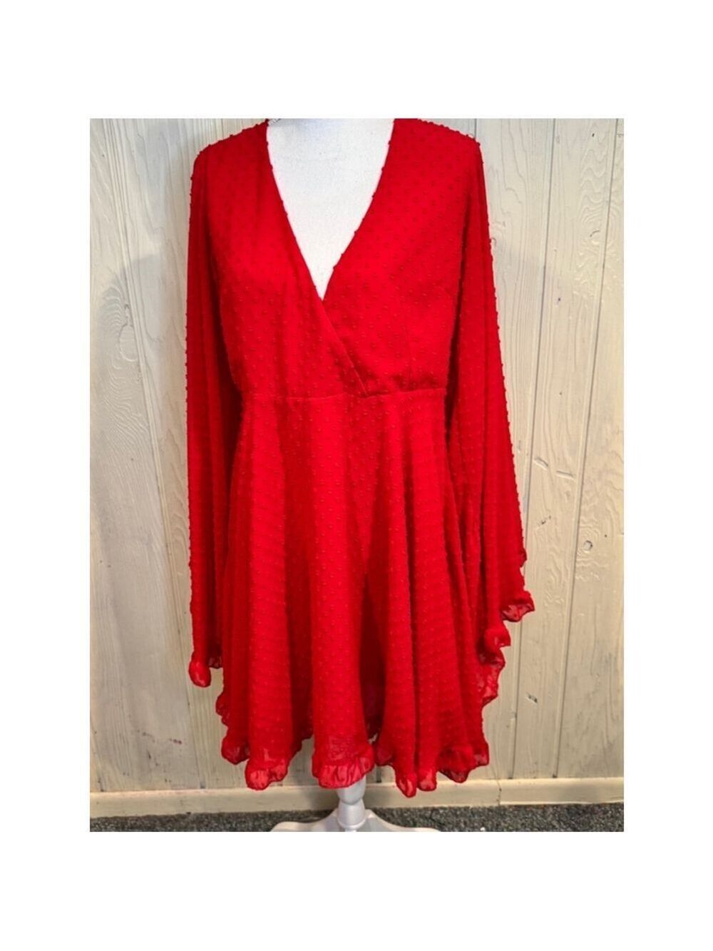 Boohoo Red Chiffon Skater Mini Dress Wide Sleeve Medium